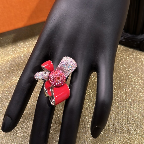 Swarovski red white bow ribbon statement silver ring 52 6 - Picture 4 of 11